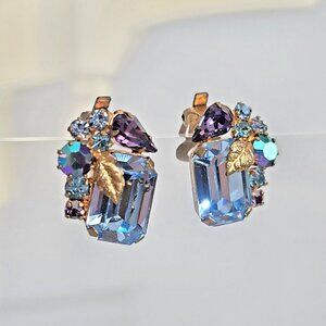 Austria blue purple rhinestone clip-on earrings, emerald-cut, leaf, donut-back
